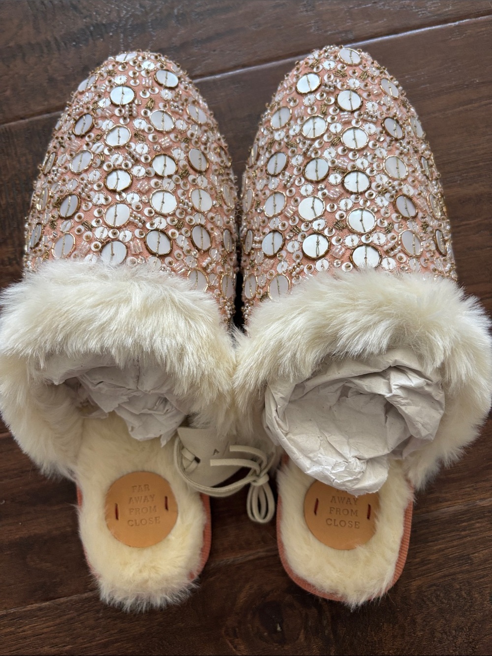 Anthropologie Far Away From Home Beaded Faux-Fur Slide Slippers - Blush Pink